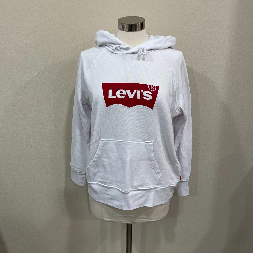 Levi's medium white with red logo french terry hooded hoodie women's sweatshirt